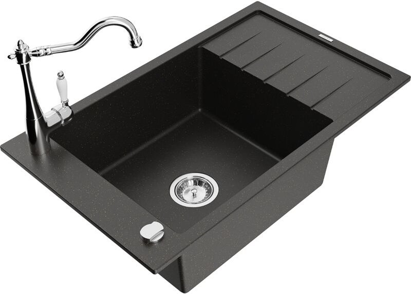 Elias 1 Becken-Granitspüle mit Abtropffläche und Mischbatterie Carla, Schwarz/Gold metallisch - Mexen