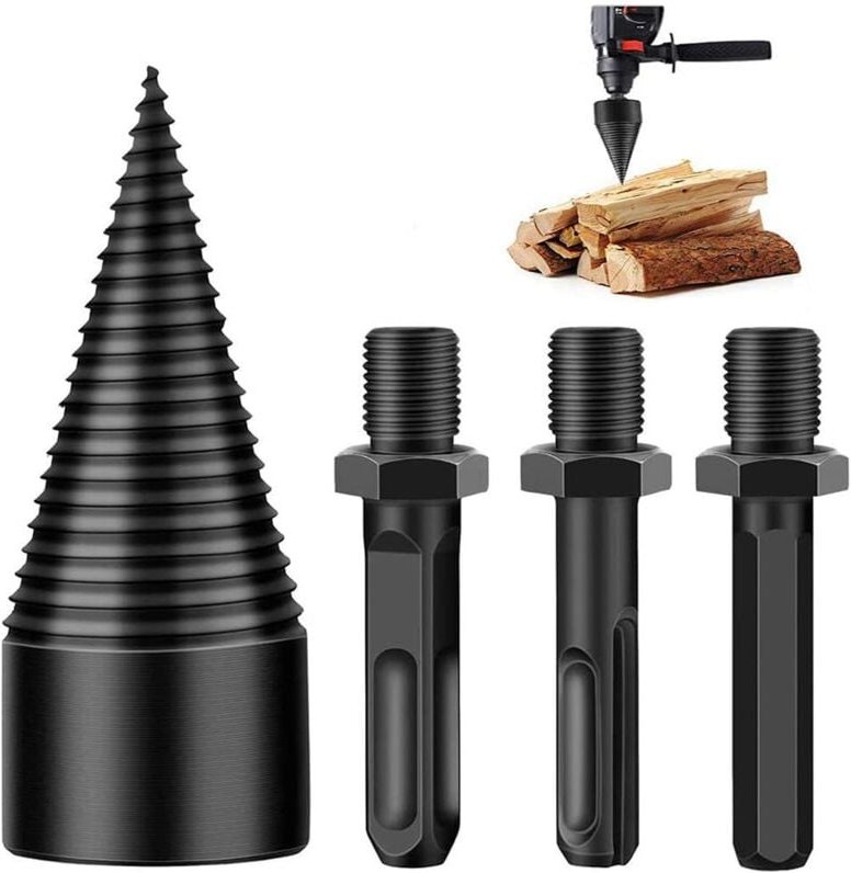 Holzspaltbohrer, Kegelbohrer, Holzspaltbohrer 42 mm, langlebiges Spaltschraubenkegel-Holzhackwerkzeug mit 3 Bohrgriffen,...