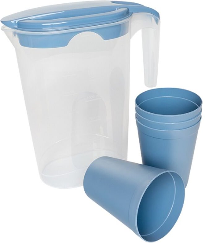 Michelino - Elegantes 5-teiliges Karaffen-Set: Karaffe mit 4 Bechern aus Kunststoff Blau