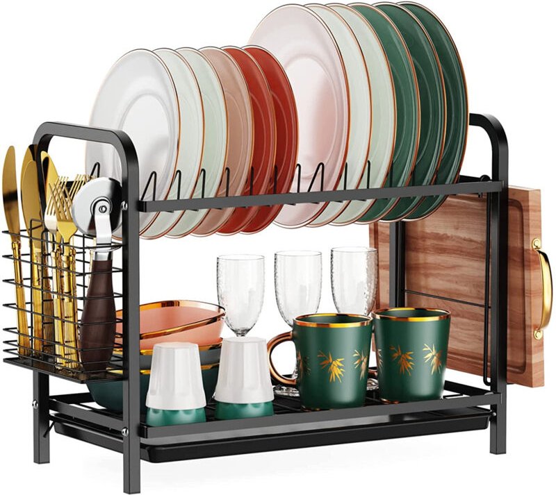 2-stufiger Abtropfständer - Geschirrkorb mit Utensilienhalter und Schneidebretthalter, kleine Abtropfschale für die Küch...