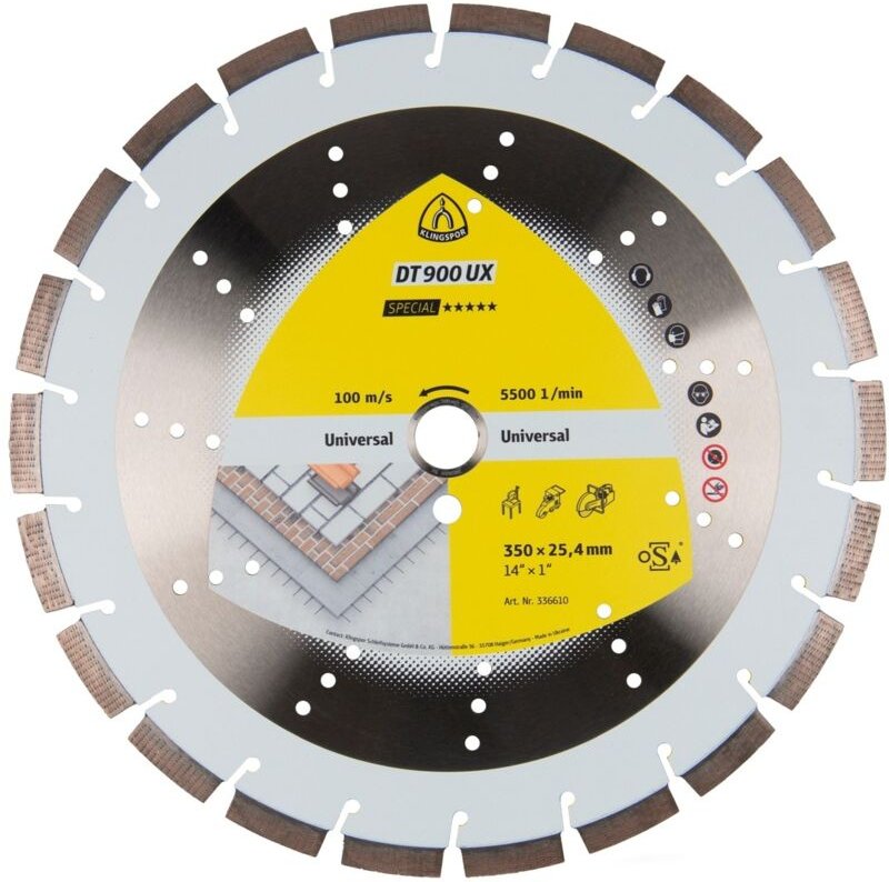 Klingspor DT 900 UX Diamanttrennscheiben, 500 x 3,6 x 25,4 mm 34 Segmente 40 x 3,6 x 12 mm, Standardverzahnung