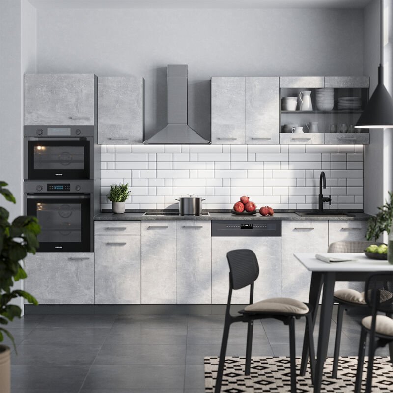 Küchenzeile R-Line, Beton/Anthrazit, 300 cm mit Hochschrank, AP Eiche, Vicco