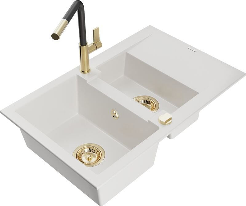 Gaspar 1,5-Becken-Granitspüle mit Abtropffläche und Mischbatterie Flora, Weiß - 6507-20-670401 - Mexen