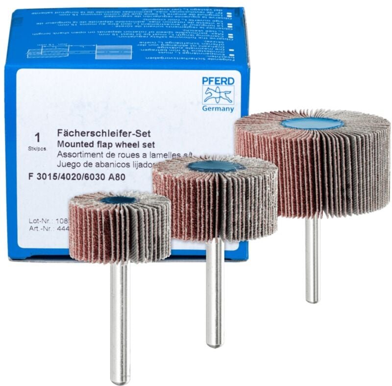 Fächerschleifer-Set Korund a 80 Ø30x15mm, Ø40x20mm und Ø60x30mm Schaft-Ø6mm für Feinschliff & Finish - Pferd