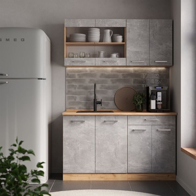 Vicco - Küchenzeile R-Line, Beton/Goldkraft Eiche, 140 cm , ap Eiche