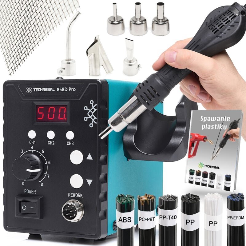 TECHREBAL 858D Pro Heißluft-Lötstation + Set mit 6 Bindemitteln + Düsen + Netz