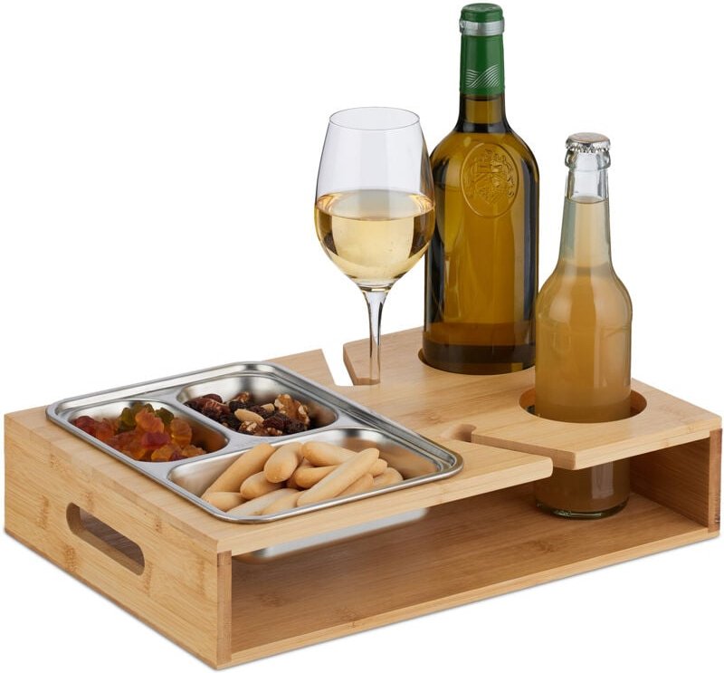 Couchbar, Bambus, Edelstahlschale für Snacks, Getränke- & Weinglashalter, Griffe, Couchorganizer, natur/silber - Relaxda...
