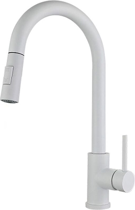 Küchenarmatur, Weiß, Edelstahl, Hoher Bogen, Herunterziehen & 360° Schwenkbar, Einhebel-Spültischarmatur mit 2 Modi, Her...
