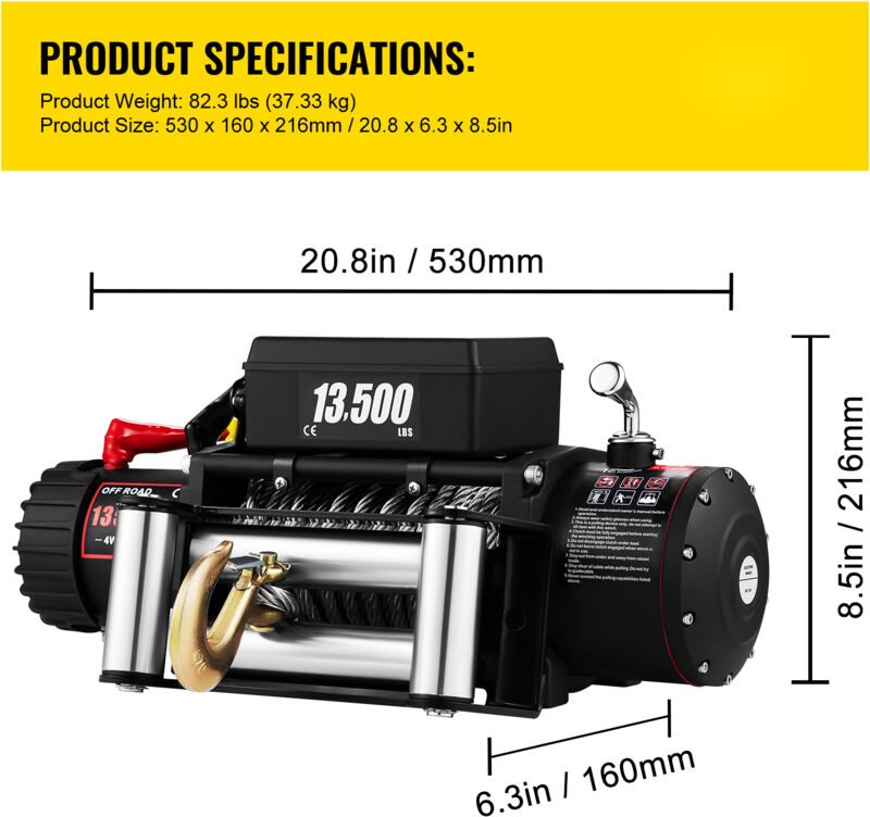 Mophorn 12V Elektrische Winde, 13500Lb/6125Kg Kabellose Stahlseilwinde, 4-Wege-Getriebe, Heavy-Duty 12V Bull Winch, Stah...