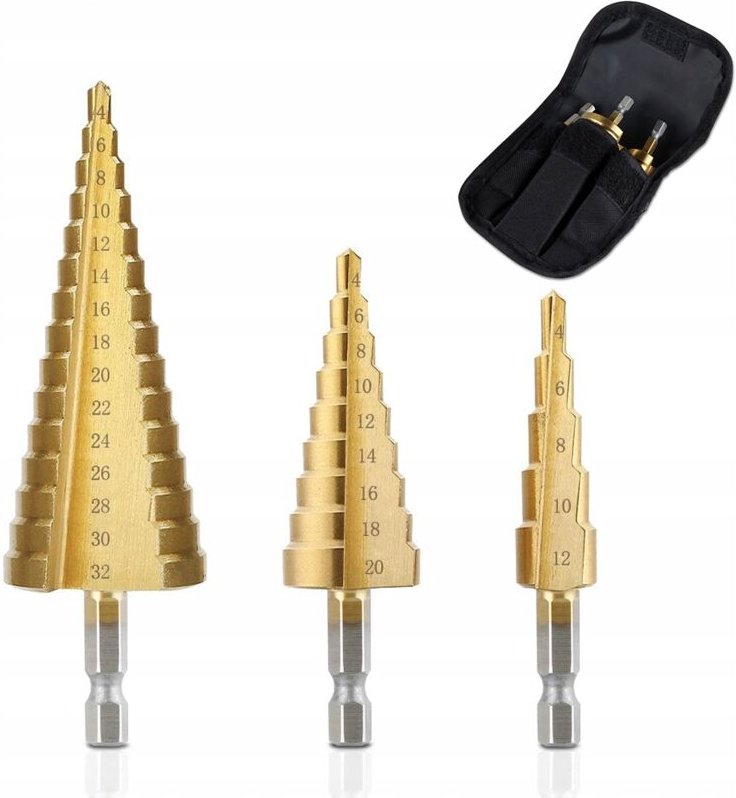 Satz 3-teiliger konischer Stufenbohrer. 4–32 mm im Koffer