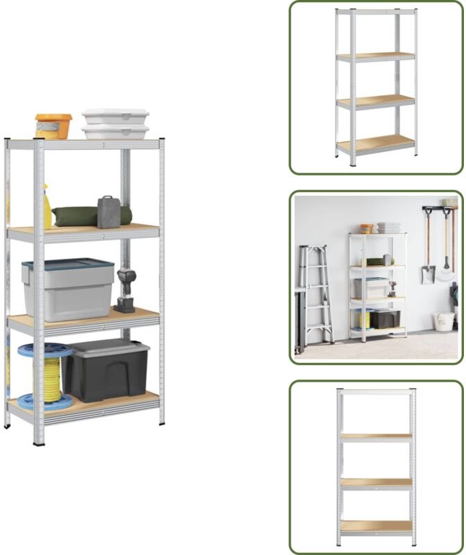 The Living Store - vidaXL Lagerregal mit 4 Böden Silbern Stahl & Holzwerkstoff