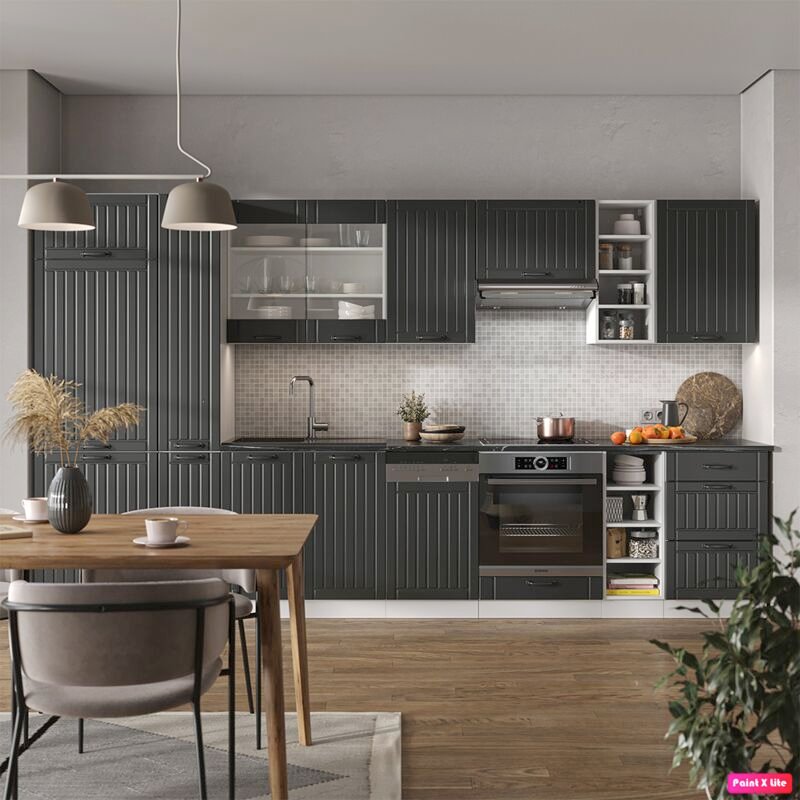 Küchenzeile Fame-Line, Anthrazit Landhaus/Weiß, 355 cm , AP Marmor, Vicco