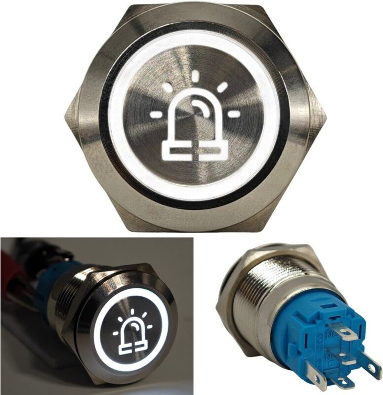 LED Warnlichtschalter 18mm Chrom Rastend