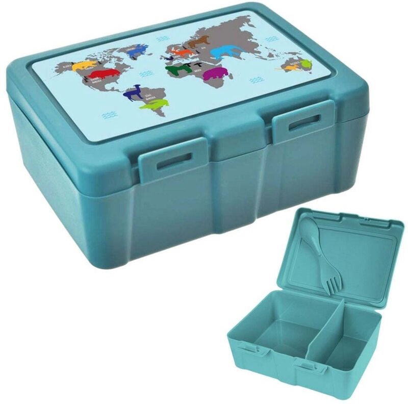 Lunch box with clip lock and world motif two compartments cutlery