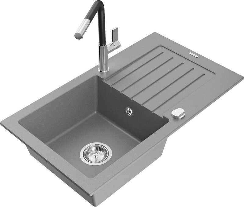 Mexen Pablo 1 Becken-Granitspüle mit Abtropffläche und Mischbatterie Flora, Grau - 6510-71-670401-07