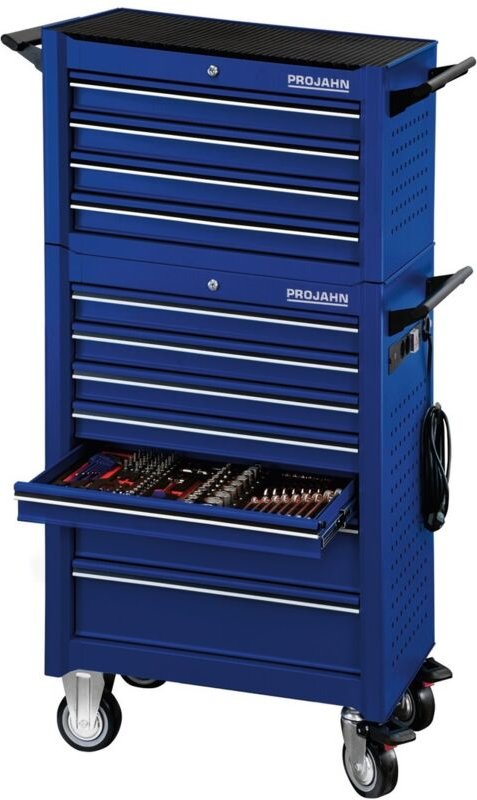 Bestückter Werkstattwagen universe blau + E-Power Elektroverteiler + Werkstattwagenaufsatz universe + Dosenhalter + Papi...