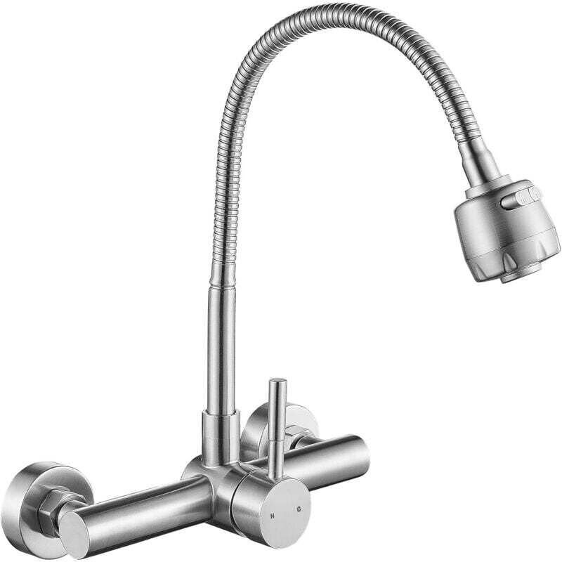 Küchenarmatur zur Wandmontage mit 8-Zoll-Mittelstück und flexiblem Sprüher, Mischbatterie aus Edelstahl, Spültischarmatu...