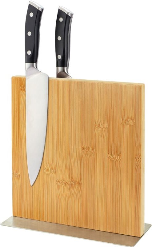 Relaxdays Messerblock magnetisch, doppelseitig, Bambus & Edelstahl, HxBxT: 23 x 25 x 10 cm, Messerhalter, natur/silber