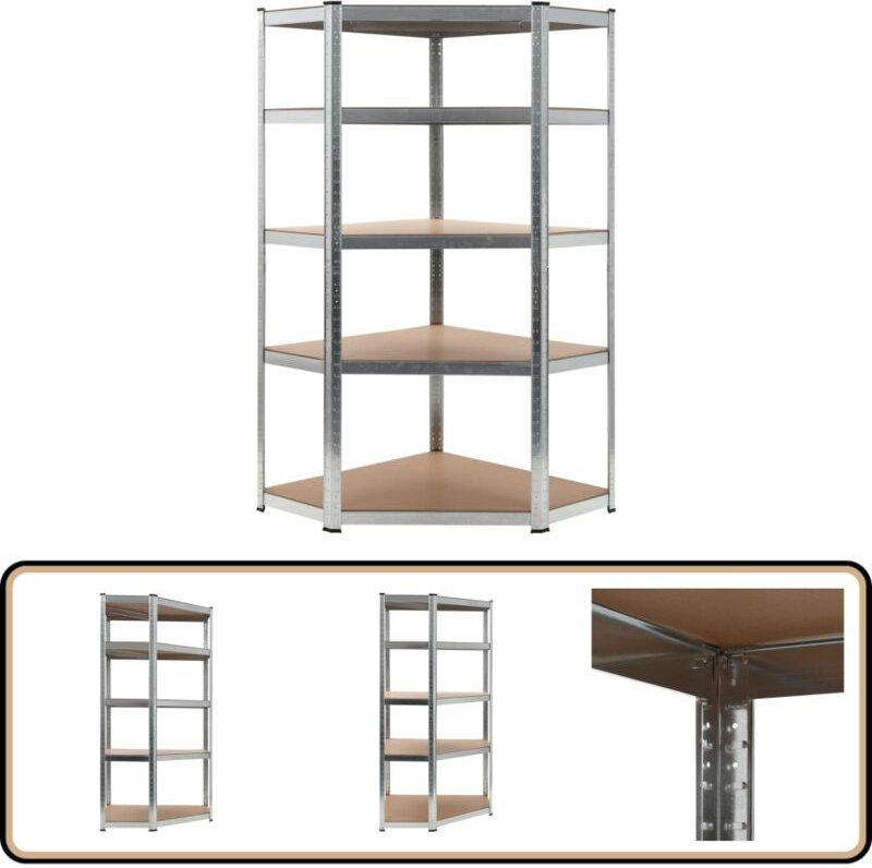 Eckregal mit 5 Böden Silbern Stahl & Holzwerkstoff - Eckregal - Industrielles Regal - Metallregal - Lageregel - Werkzeug...