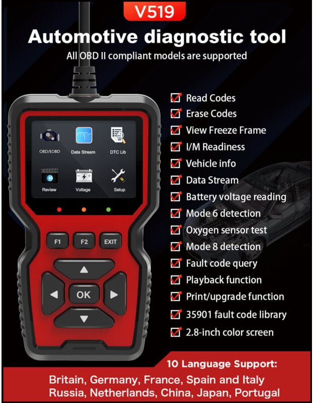 Thumbnail - OBD2-Scanner V519 Pro – Kompatibel mit allen Fahrzeugen seit 1996 – Druckfunktion inklusive – Komplette Motordiagnose - ...