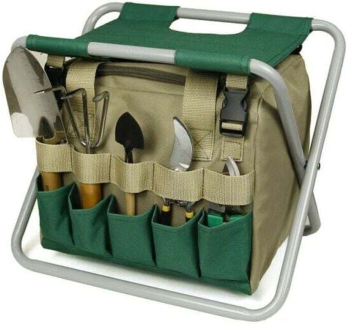 Bolsa para herramientas de jardín desmontable, taburete plegable, gris