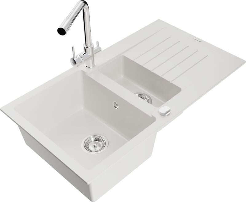 Matias 1,5-Becken-Granitspüle mit Abtropffläche und Mischbatterie Duero, Weiß - 6502-20-671600 - Mexen
