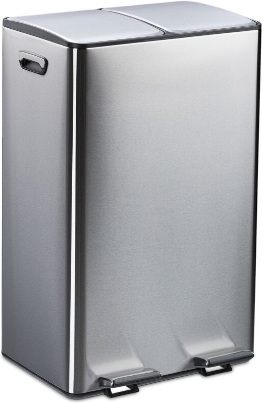 Relaxdays Mülleimer, 2 Fächer je 30 l, entnehmbare Inneneimer, Fußpedal, Küche, Tretmülleimer, Edelstahl, silber/schwarz