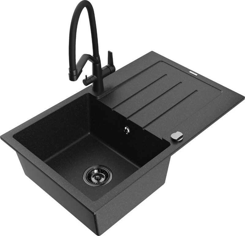 Bruno 1 Becken-Granitspüle mit Abtropffläche und Mischbatterie Duo, Schwarz/Silbermetallic - 6 - Mexen