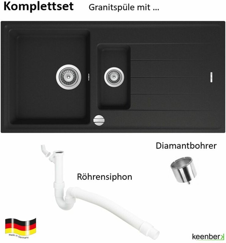 Thumbnail - Komplettset schwarze Granitspüle Victory 100x50 cm mit Diamantbohrer und Universal-Röhrensiphon - ab 60er Unterschrank
