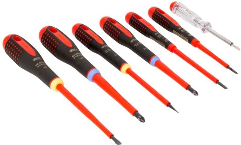 Satz gemäß vde isolierte ERGO-Schraubendreher mit 3-Komponenten-Griff für Schlitz- und Pozidriv-Schrauben - 7-tlg. - Bah...