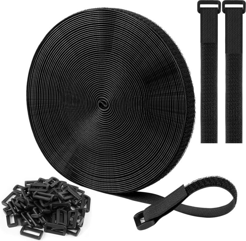 10 m x 2 cm, schwarze, verstellbare, wiederverwendbare Kabelbinder/-bänder mit 50 Schlaufen und Hakenverschlussband für ...