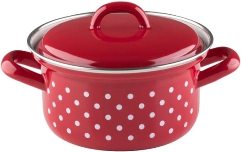 Riess Kasserolle mit Deckel Ø14cm 0,8L Pünktchen Rot Emaille