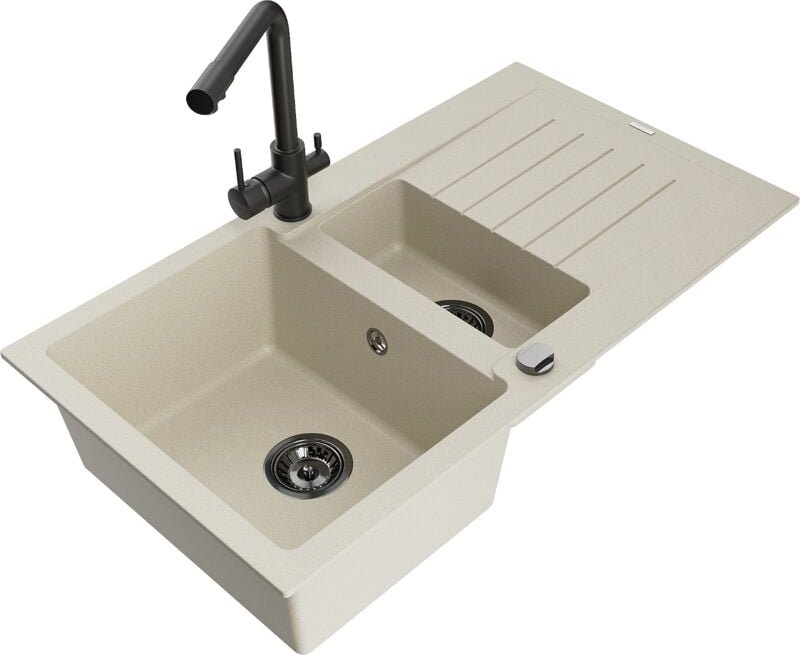 Mexen Matias 1,5-Becken-Granitspüle mit Abtropffläche und Mischbatterie Duero, Beige - 6502-69-67160