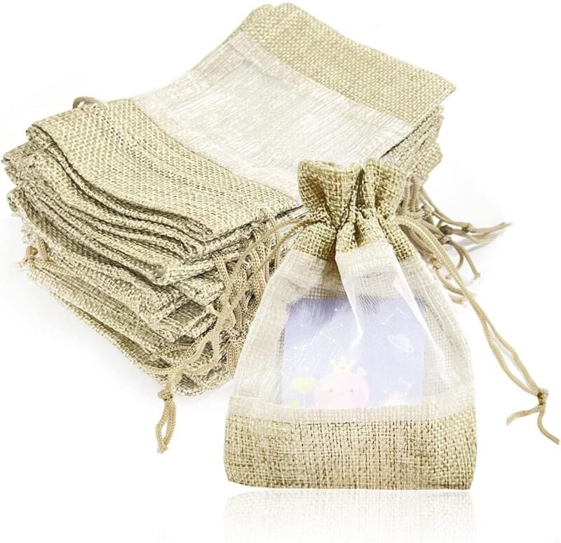 Sollbry - 16er-Pack genähte Organzabeutel aus Sackleinen, Organza-Geschenkbeutel mit Kordelzug, Schmuckbeutel, wiederver...