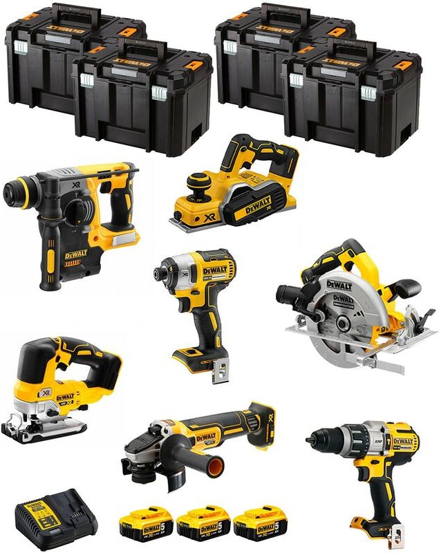 Dewalt - Kit DWK701T (DCD996 + DCH273 + DCG405 + DCF887 + DCS334 + DCS570 + DCP580 + 3 x 5,0 Ah + DCB115 + 4 x tstak vi)