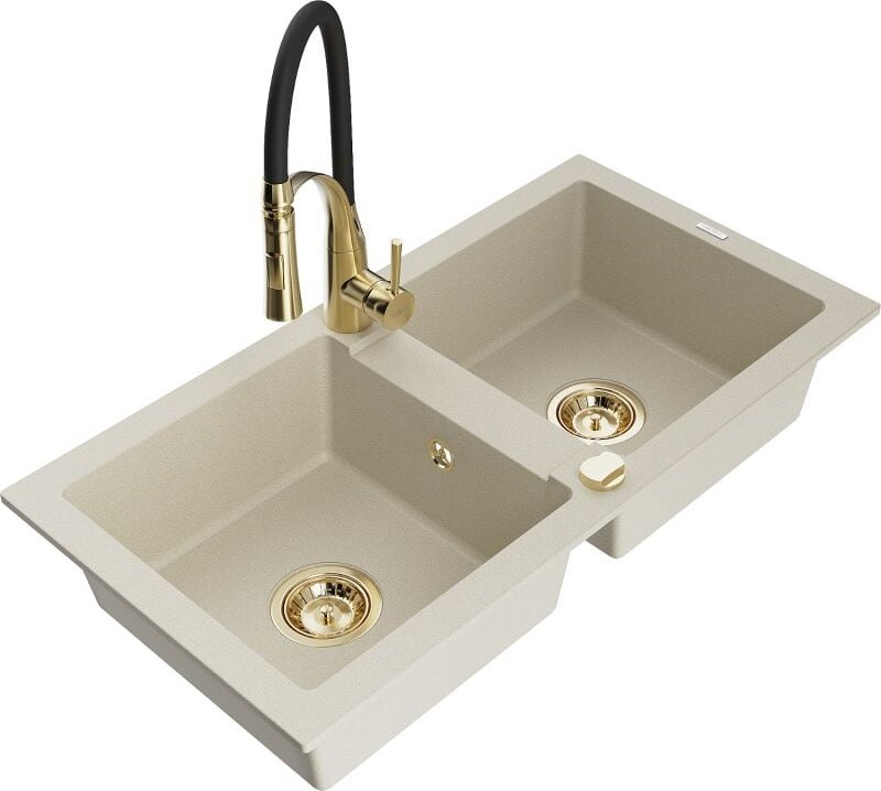 Mexen - Mario 2-Becken-Granitspüle mit Mischbatterie Aster, Beige - 6504-69-73450-57-G