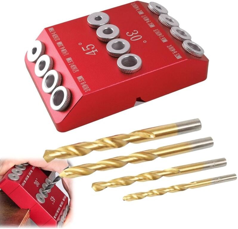 Bohrlehre für Holzdübel, für mehrere Winkel, 30°/45°/90°, Neigungs- und vertikale Bohrfunktionen, 4 Größen, winkelverste...