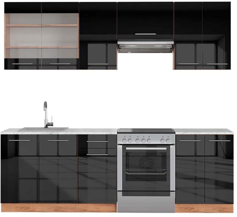 Thumbnail - Vicco - Küchenzeile Fame-Line, Anthrazit Hochglanz/Goldkraft Eiche, 240 cm , ap Marmor