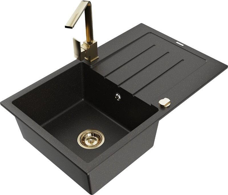 Bruno 1 Becken-Granitspüle mit Abtropffläche und Mischbatterie Rita, Schwarz/Gold metallisch - - Mexen