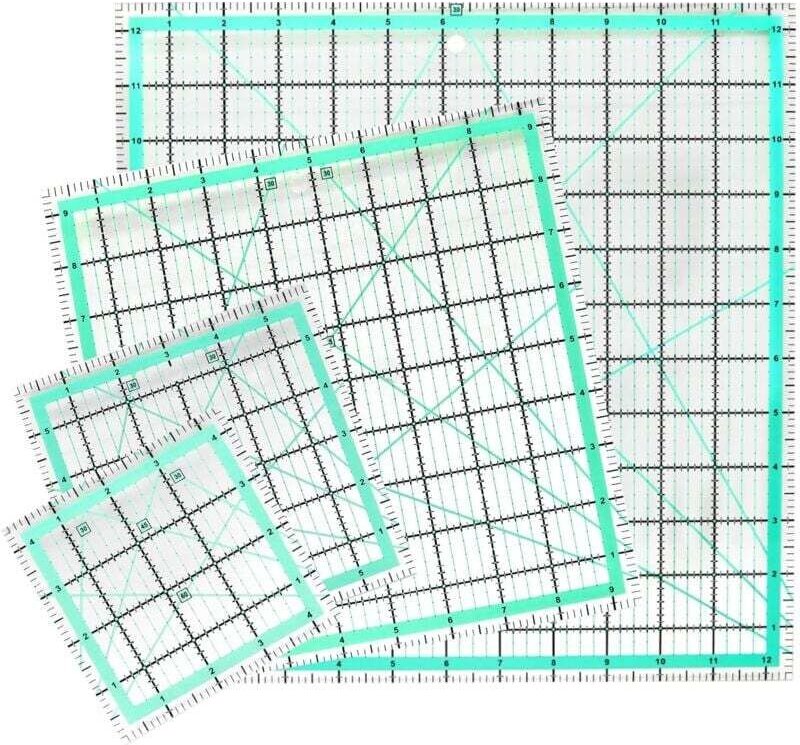 12-teiliges quadratisches Patchwork-Lineal-Set (12,5 Zoll / 9,5 Zoll / 6 Zoll / 4,5 Zoll), rutschfestes Acryl-Nählineal ...