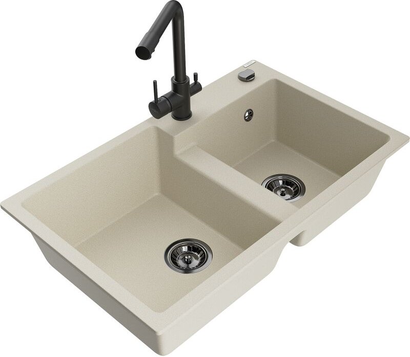 Tomas 2-Becken-Granitspüle mit Mischbatterie Duero, Beige - 6516-69-671600-70 - Mexen