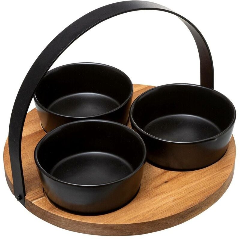 Jardibricodeco - Serviergeschirr, schwarze Schalen mit Holztablett, mit Griff