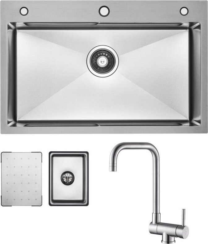 Cecipa Max - Küchenspüle aus Edelstahl 70x45cm Gebürstete Mit Abtropffläche + Fenster-Küchenarmatur Gebürstete Küche Was...