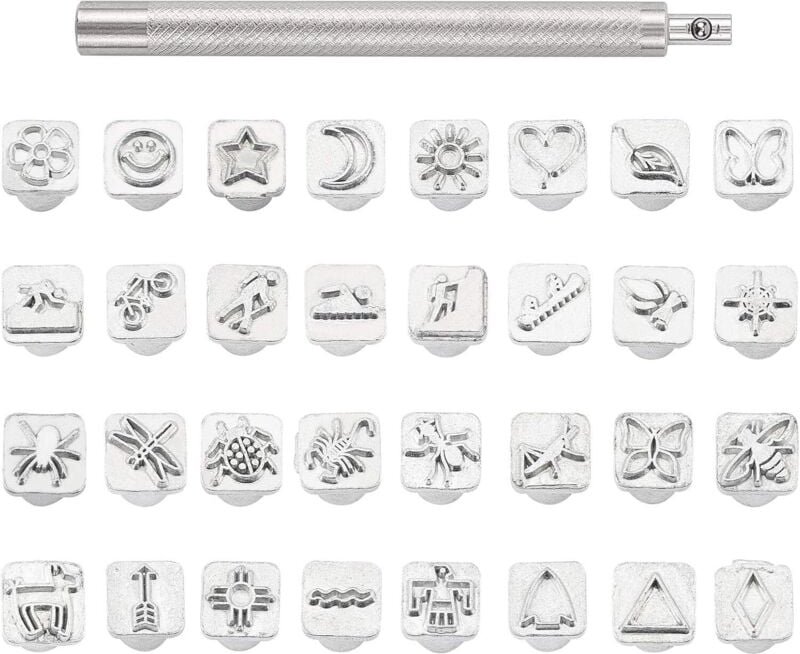 32-teiliges Stempel-Stanzset aus Edelstahl, Leder, Metall, Insektenmotiv, Werkzeug mit 1 Griff für Ledergürtel, Taschen,...