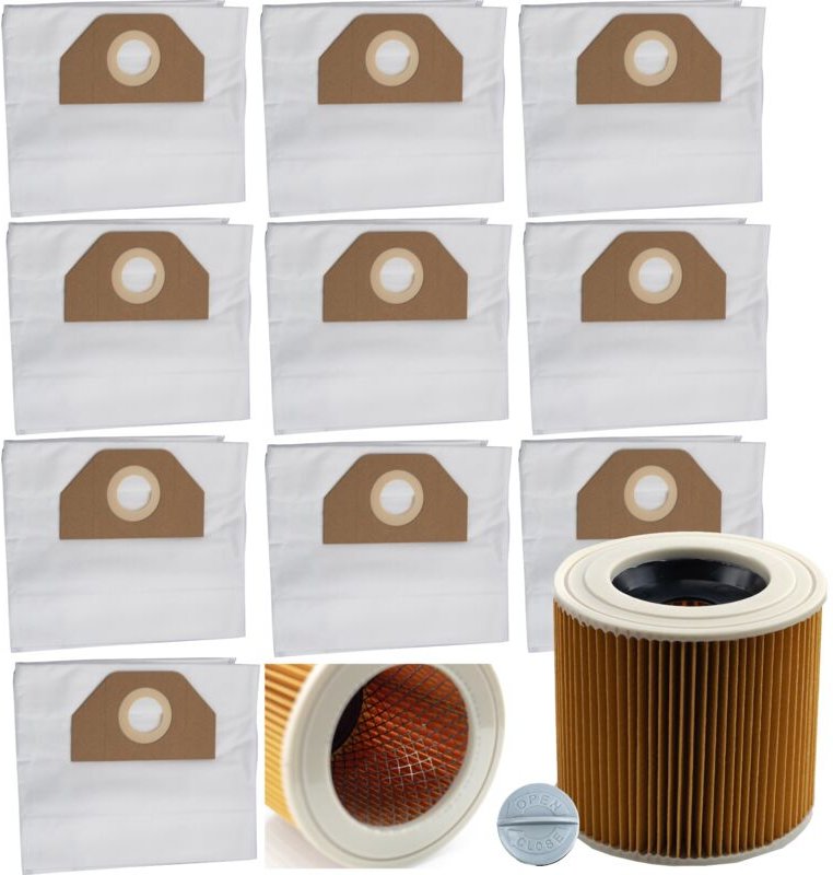 Set mit 10 Beuteln + Filter für Karcher WD3, WD2 Staubsauger