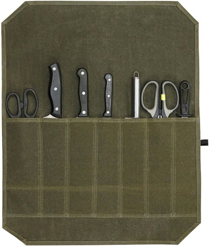 Thumbnail - Tragbare Kochmessertasche, Messertasche mit 7 Fächern, Messeretui für Küchenmesser, gewachste Canvas-Messertasche für Ca...
