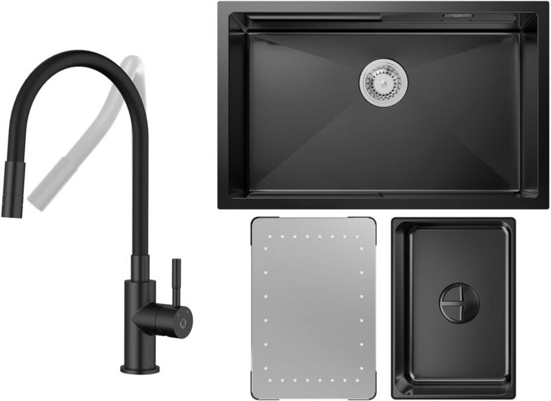 Küchenspüle 1.5 Becken 70x44cm EdelstahlSpüle Anthrazitschwarz Unterbauspüle + Universeller Küchenarmatur Schwarz Hohe 3...