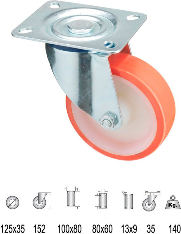 Industrielle Rolle aus Polyurethan mit Platte 125 mm.