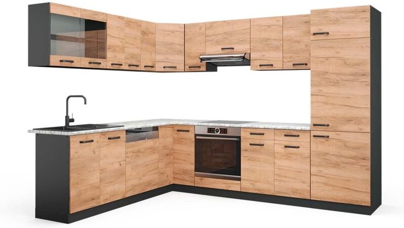 Thumbnail - Vicco - Eckküche R-Line, Goldkraft Eiche/Anthrazit, 227 x 287 cm , ap Marmor