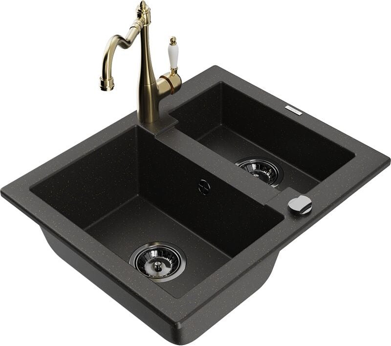 Carlos 1,5-Becken-Granitspüle mit Mischbatterie Carla, Schwarz/Gold metallisch - 6518-75-670700-50-B - Mexen